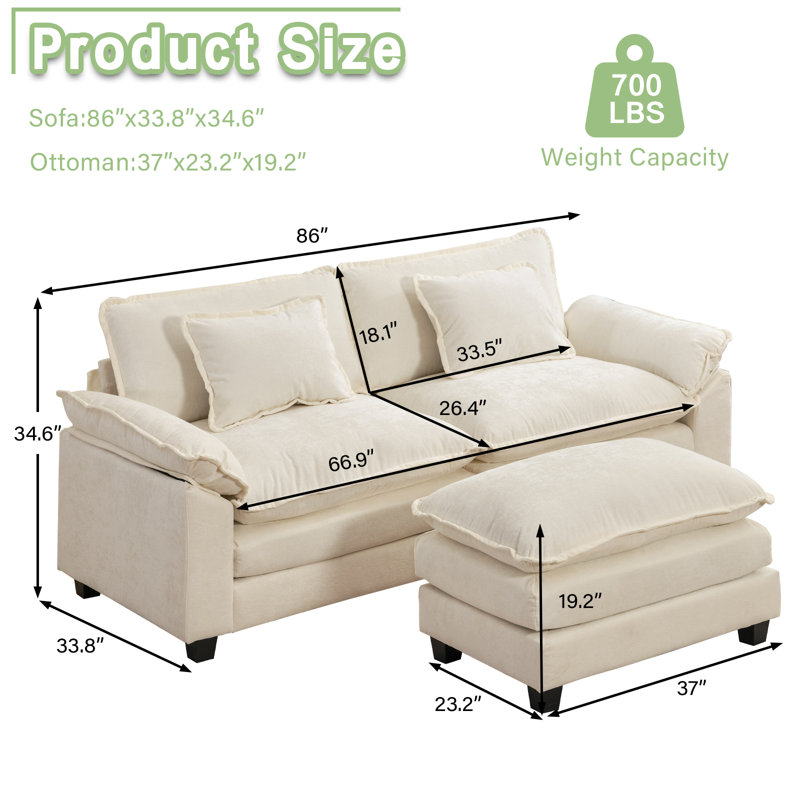 Ebern Designs Arale 86'' Wide Comfy Cloud Couch Sectional Loveseat Sofa